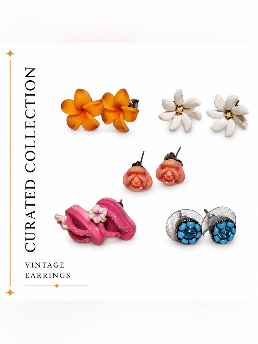Curated Vintage Earrings Lot Floral Studs Retro Cottagecore Boho 5 Pair